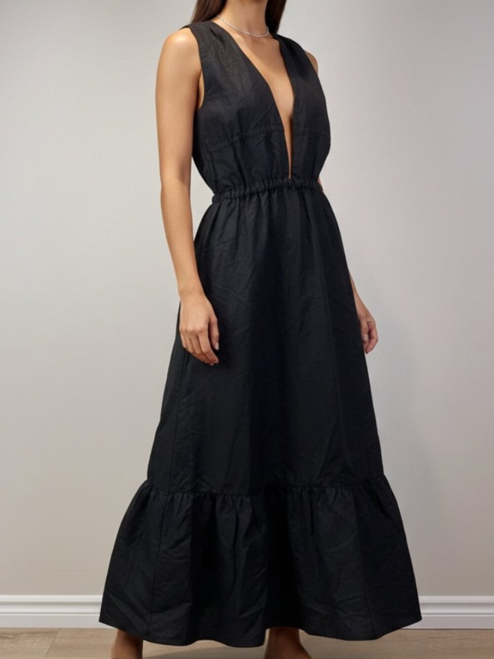lemlem Womens Black Linen Tencel Plunge Open Back Tiered Maxi Dress Size L